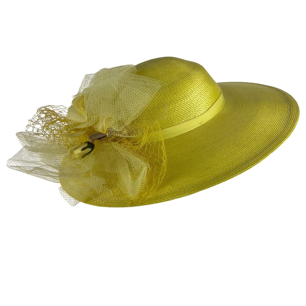 Vintage Yellow Wide Brim Kentucky Derby Straw Hat - Picture 5 of 5